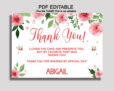 Birthday Watercolor Flowers Thank You Watercolor Flowers Self Editable Pink Green Thank You Notes Watercolor Flowers Party Thank You SLEPQ