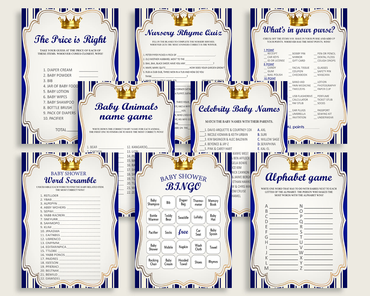 Royal Prince Baby Shower Games Printable Pack, Blue Gold Baby Shower Games Package Boy, Royal Prince Games Bundle Set, Instant rp001