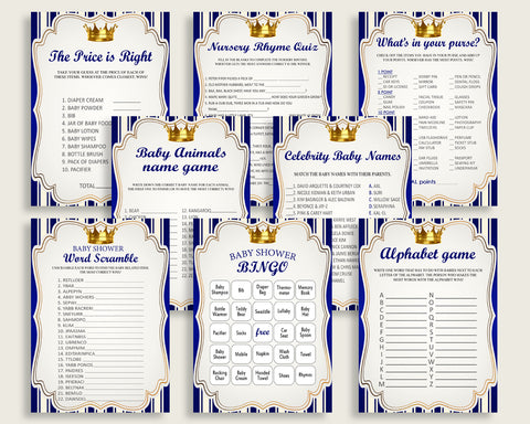 Royal Prince Baby Shower Games Printable Pack, Blue Gold Baby Shower Games Package Boy, Royal Prince Games Bundle Set, Instant rp001