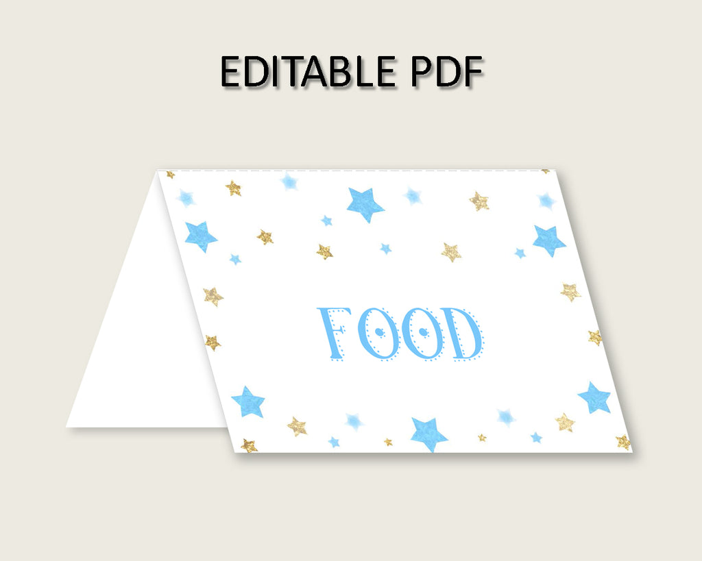 Stars Folded Food Tent Cards Printable, Blue Gold Editable Pdf Buffet Labels, Boy Baby Shower Food Place Cards, Instant Download, bsr01