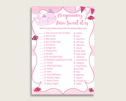 Pink White Pregnancy How Sweet It Is Game, Pink Whale Baby Shower Girl, Printable Candy Bar Match Game, Instant Download, Popular wbl02