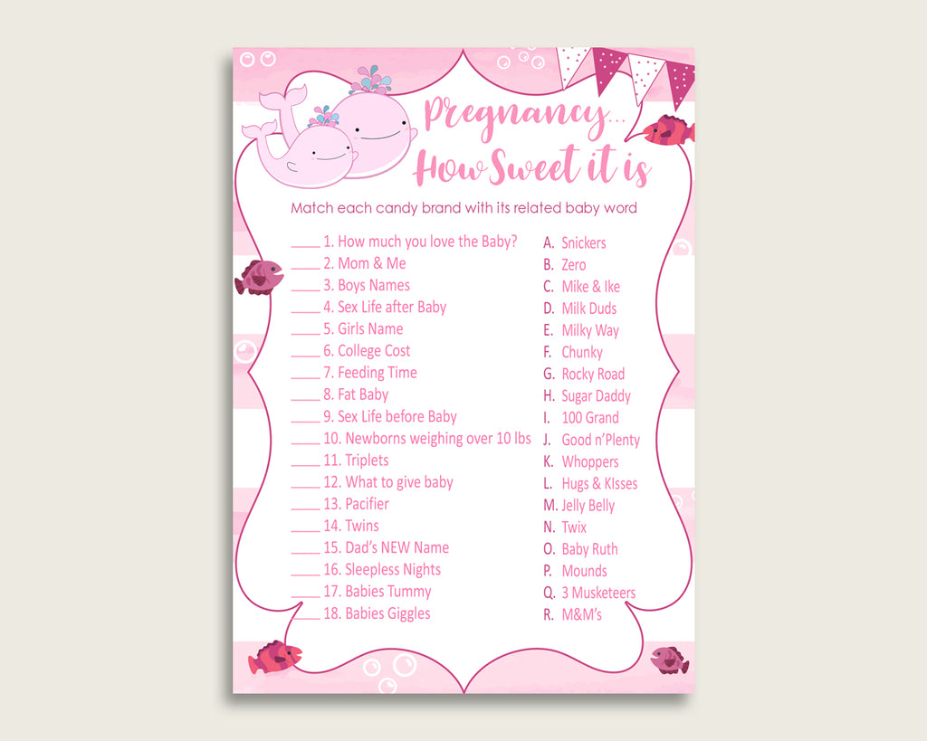 Pink White Pregnancy How Sweet It Is Game, Pink Whale Baby Shower Girl, Printable Candy Bar Match Game, Instant Download, Popular wbl02