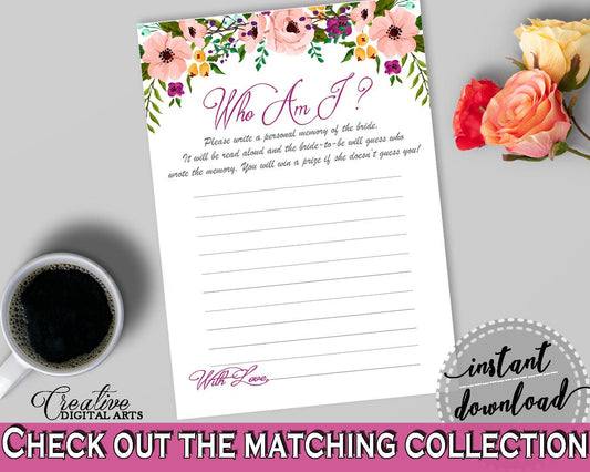 Who Am I Game in Watercolor Flowers Bridal Shower White And Pink Theme, bride to be memories, pink flowers shower, party theme - 9GOY4 - Digital Product