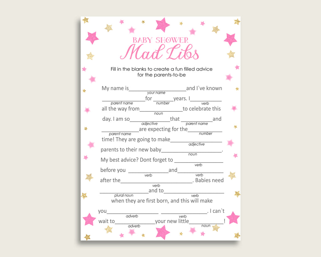 Pink Gold Mad Libs Baby Shower Girl Game Printable, Twinkle Star Mad Libs Fun Activity, DIY digital file, Glitter Little Stars bsg01