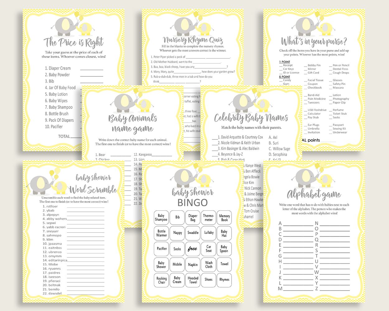 Games Baby Shower Games Yellow Baby Shower Games Baby Shower Elephant Games Yellow Gray party organizing printables party decor party W6ZPZ