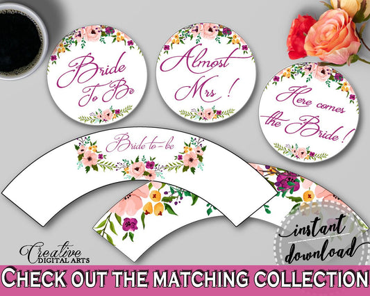 White And Pink Watercolor Flowers Bridal Shower Theme: Cupcake Toppers And Wrappers - printable wrappers, prints, digital print - 9GOY4 - Digital Product