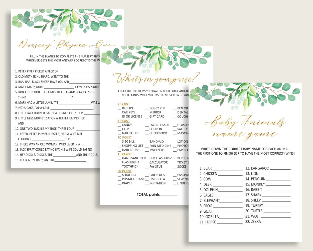 Greenery Baby Shower Games Printable Pack, Green Gold Baby Shower Games Package Gender Neutral, Greenery Games Bundle Set, Instant Y8X33