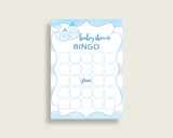 Whale Baby Shower Bingo Cards Printable, Blue White Baby Shower Boy, 60 Prefilled Bingo Game Cards, Light Blue Watercolor Stripes wbl01