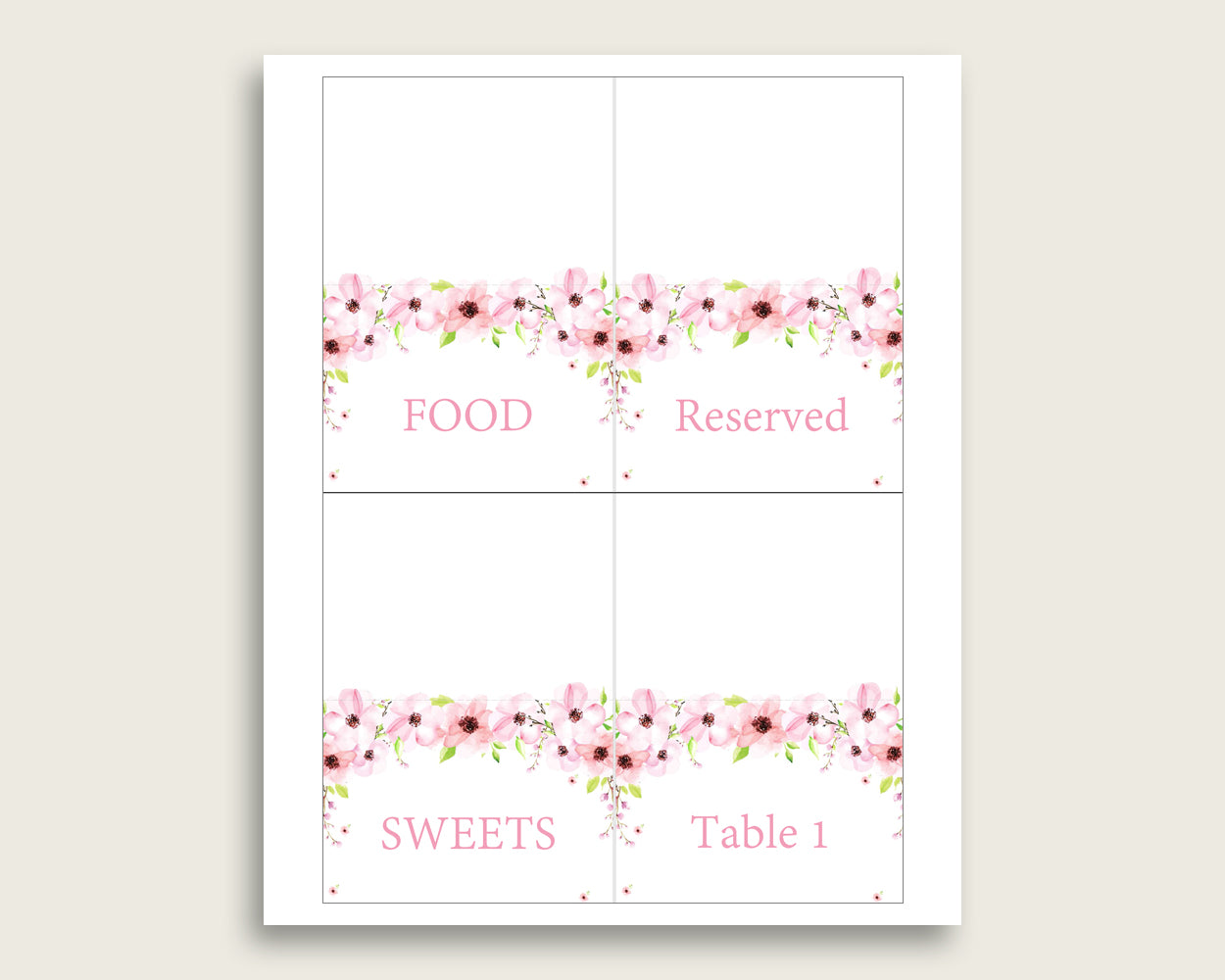 Flower Blush Folded Food Tent Cards Printable, Pink Green Editable Pdf Buffet Labels, Girl Baby Shower Food Place Cards, Instant VH1KL