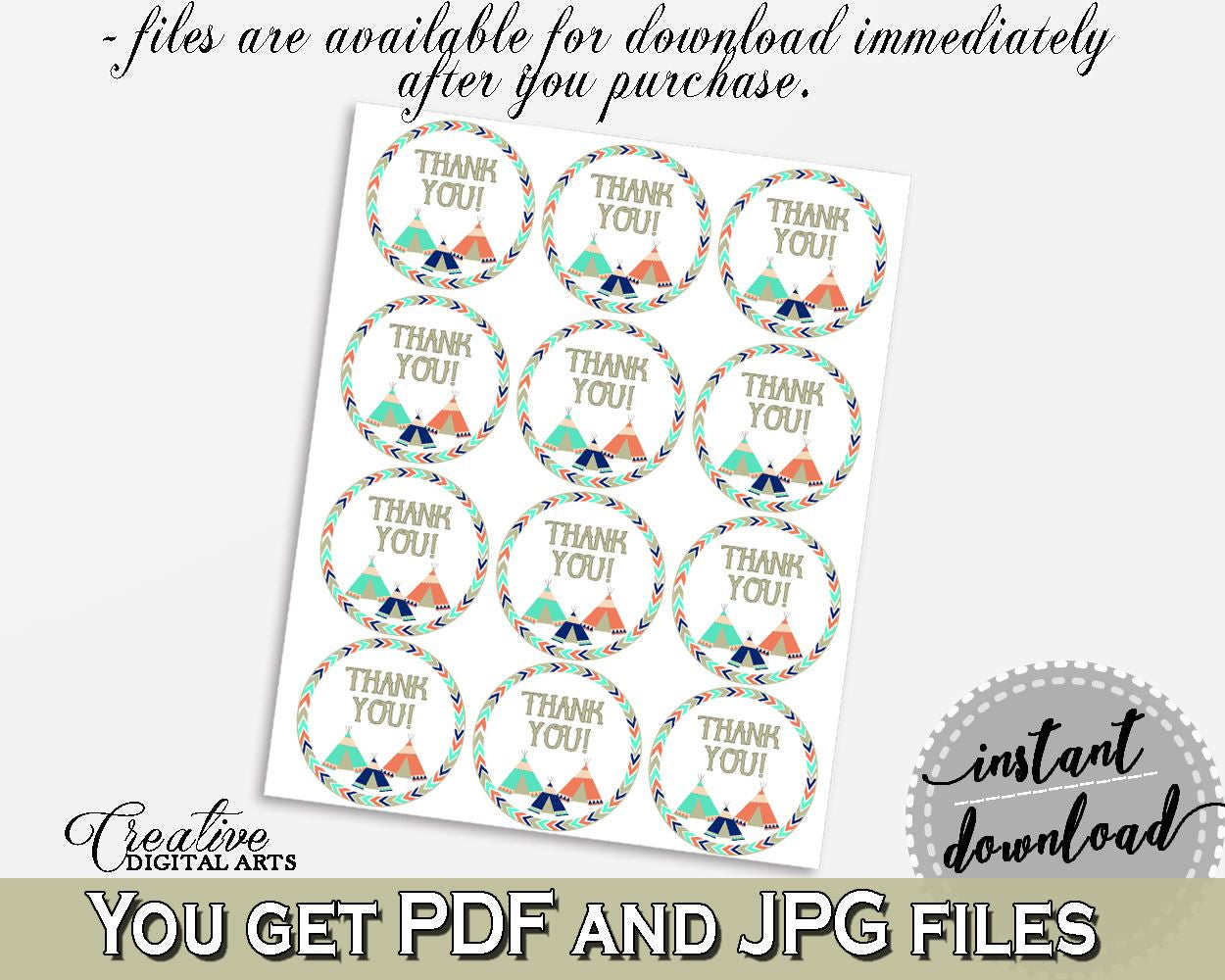 Round Tags Baby Shower Round Tags Tribal Teepee Baby Shower Round Tags Baby Shower Tribal Teepee Round Tags Green Navy - KS6AW - Digital Product