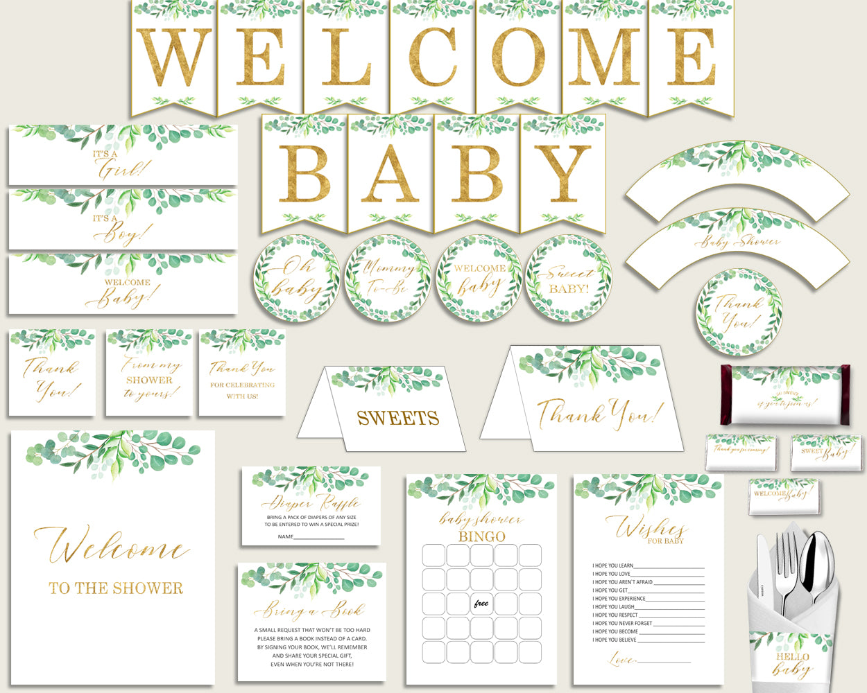 Green Gold Baby Shower Decorations Gender Neutral Kit, Greenery Baby Shower Party Package Printable, Instant Download, Most Popular Y8X33