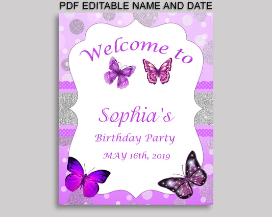 Girl Welcome Birthday Sign Butterfly Decoration Sign Purple White Printable Butterfly Welcome Sign OHI62