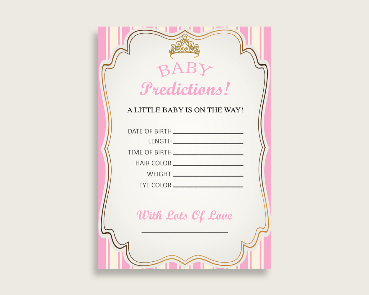 Royal Princess Baby Shower Prediction Cards & Sign Printable, Pink Gold Baby Prediction Game Girl, Instant Download, Tiara Crown Gold rp002