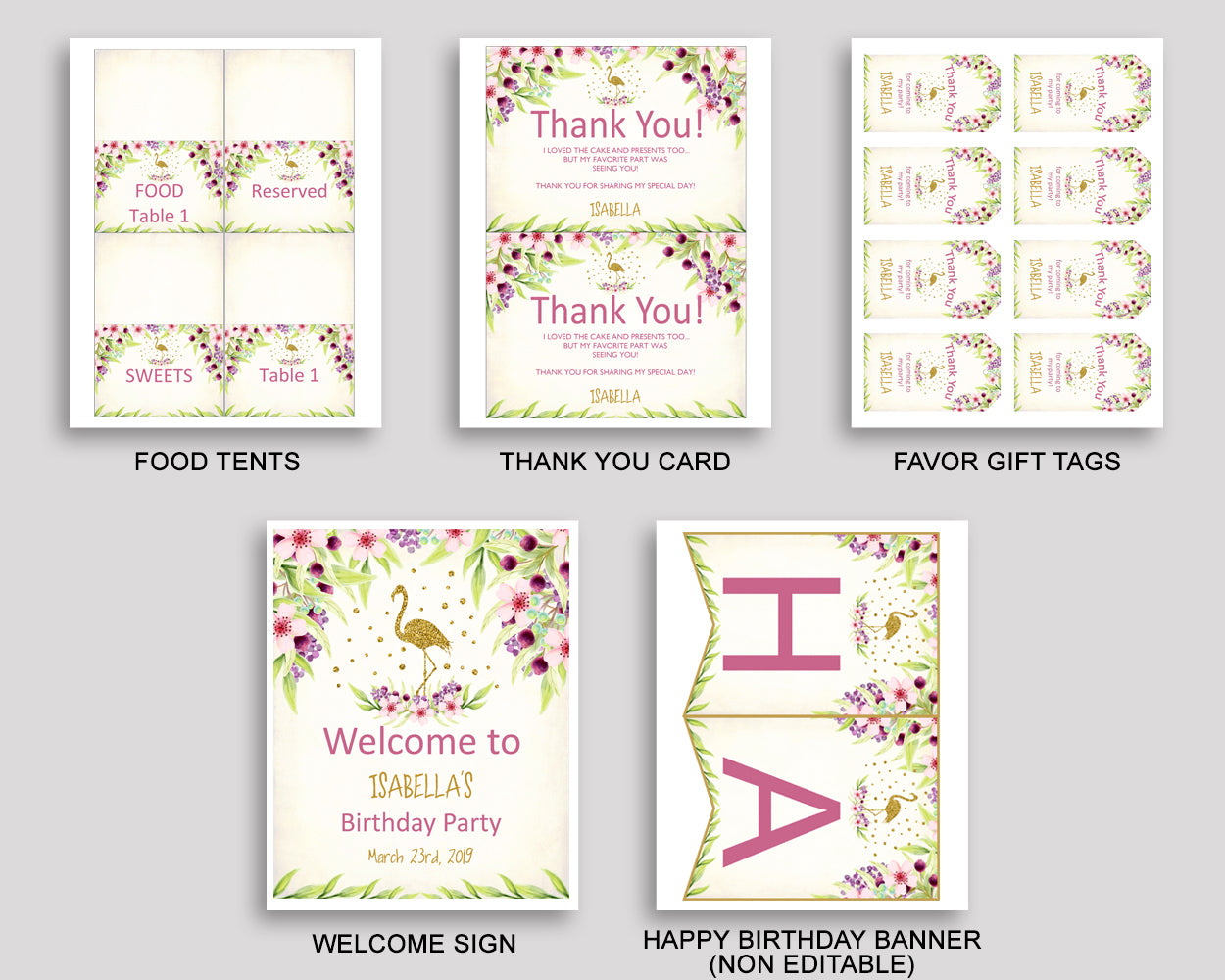 Flamingo Birthday Party Package, Glitter Decorations Set Editable Gold Green, Birthday Kit Printable for Girl, P3SIV