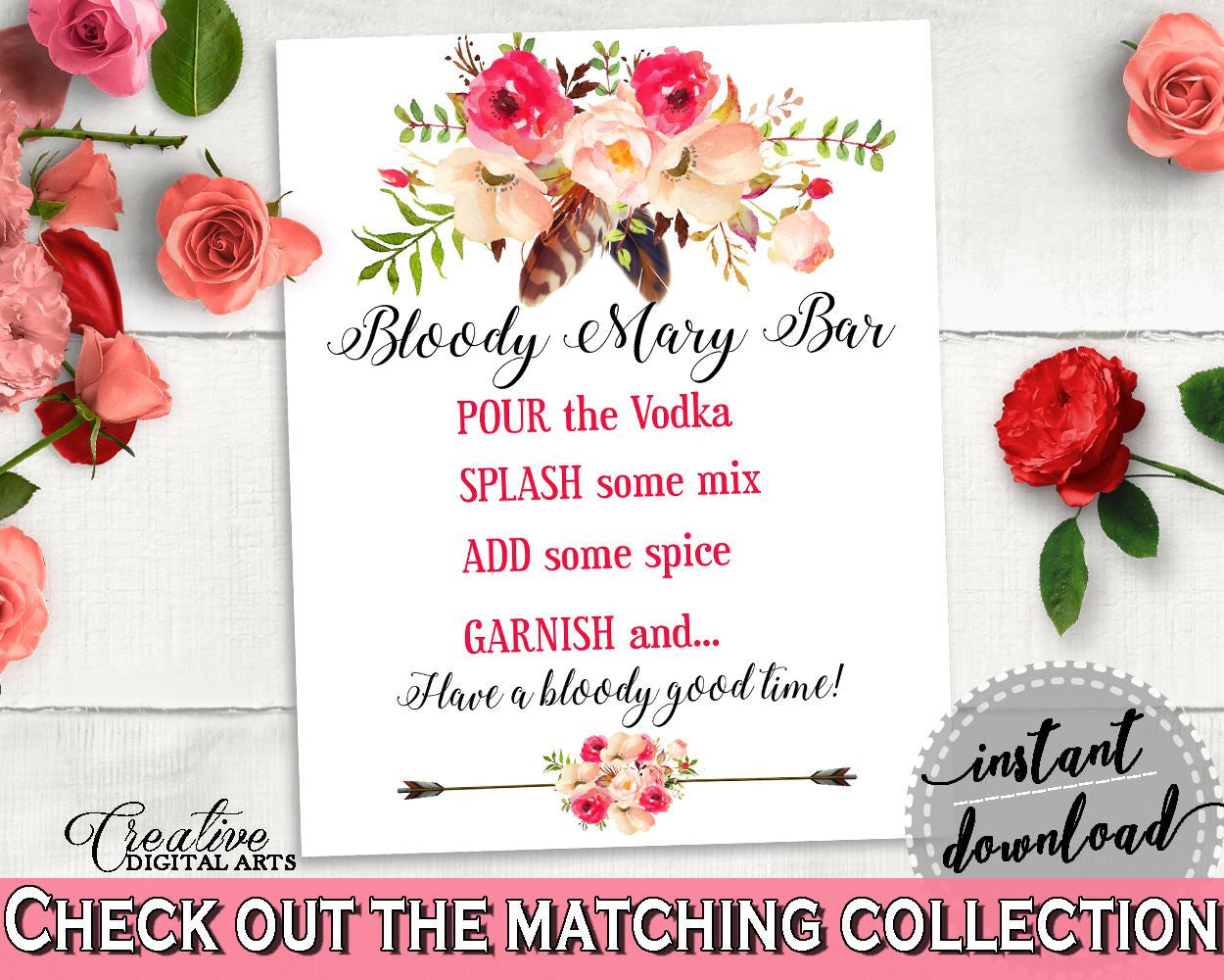 Bohemian Flowers Bridal Shower Bloody Mary Bar Sign in Pink And Red, good time sign, most popular, party decorations, party decor - 06D7T - Digital Product