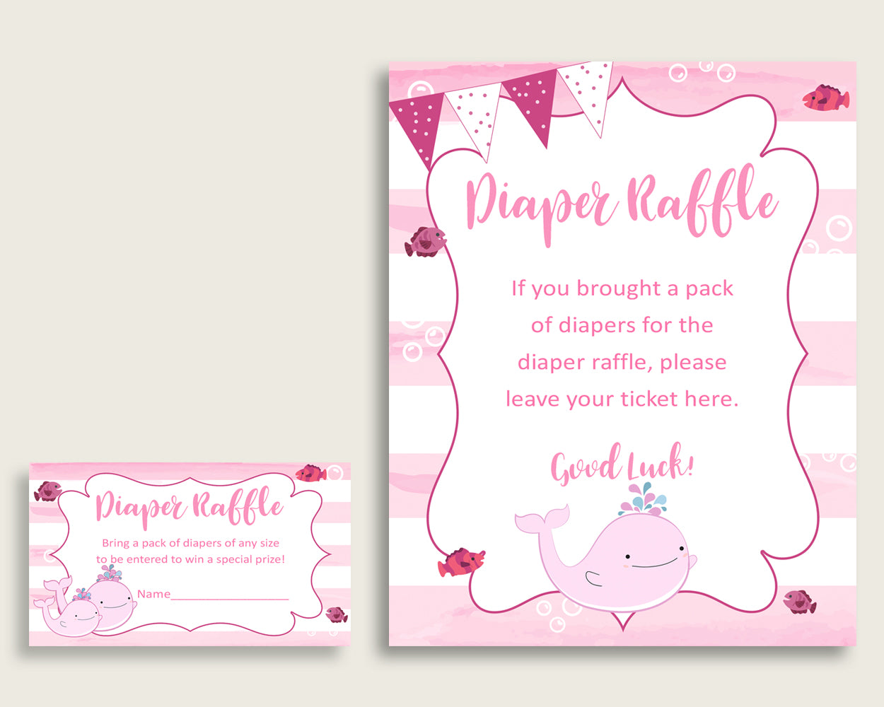 Pink Whale Baby Shower Diaper Raffle Tickets Game, Girl Pink White Diaper Raffle Card Insert and Sign Printable, Instant Download wbl02