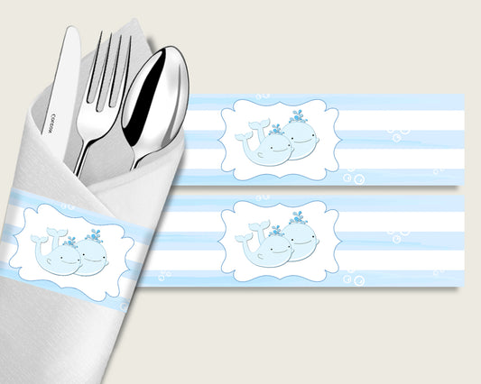 Whale Baby Shower Napkin Rings Printable, Blue White Napkin Wrappers, Boy Shower Utensils Wrap, Instant Download, Summer Popular Theme wbl01