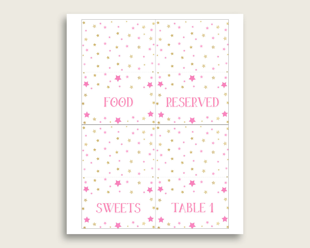 Twinkle Star Folded Food Tent Cards Printable, Pink Gold Editable Pdf Buffet Labels, Girl Baby Shower Food Place Cards, Instant bsg01