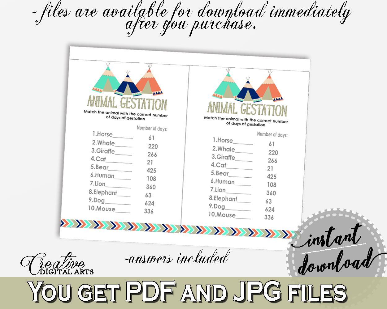 Animal Gestation Baby Shower Animal Gestation Tribal Teepee Baby Shower Animal Gestation Baby Shower Tribal Teepee Animal Gestation KS6AW - Digital Product