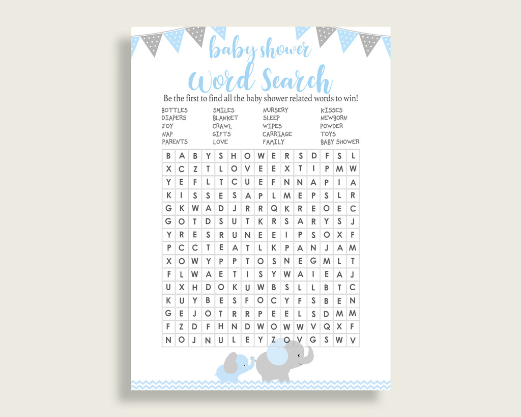 Elephant Word Search Game, Blue Grey Baby Shower Word Search Cards Printable, Boy Baby Shower Activities, Hidden Words, Instant ebl02