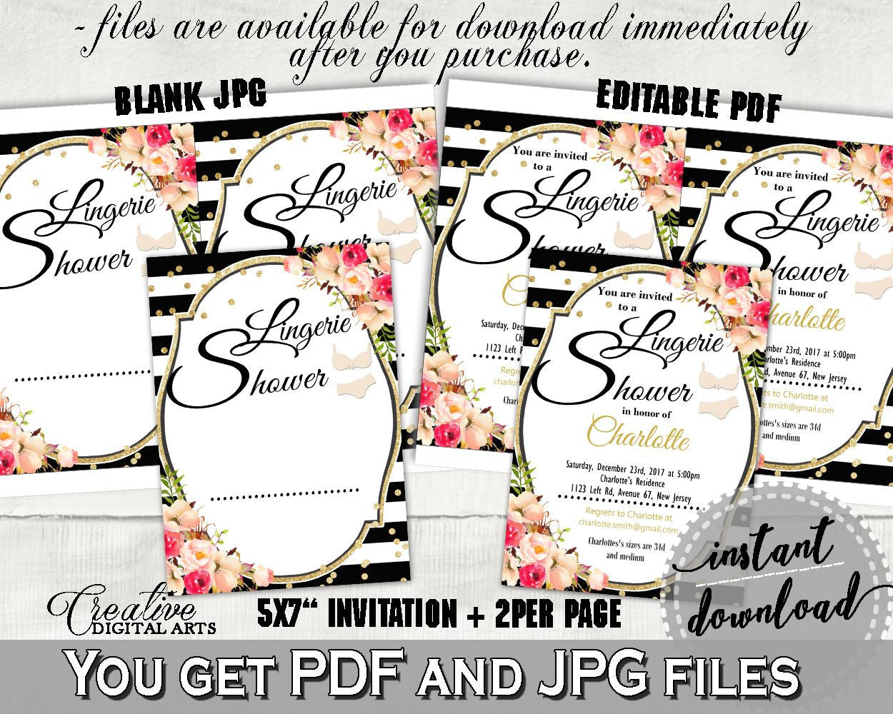 Lingerie Shower Invitation Editable in Flower Bouquet Black Stripes Bridal Shower Black And Gold Theme, pdf invitation, prints - QMK20 - Digital Product