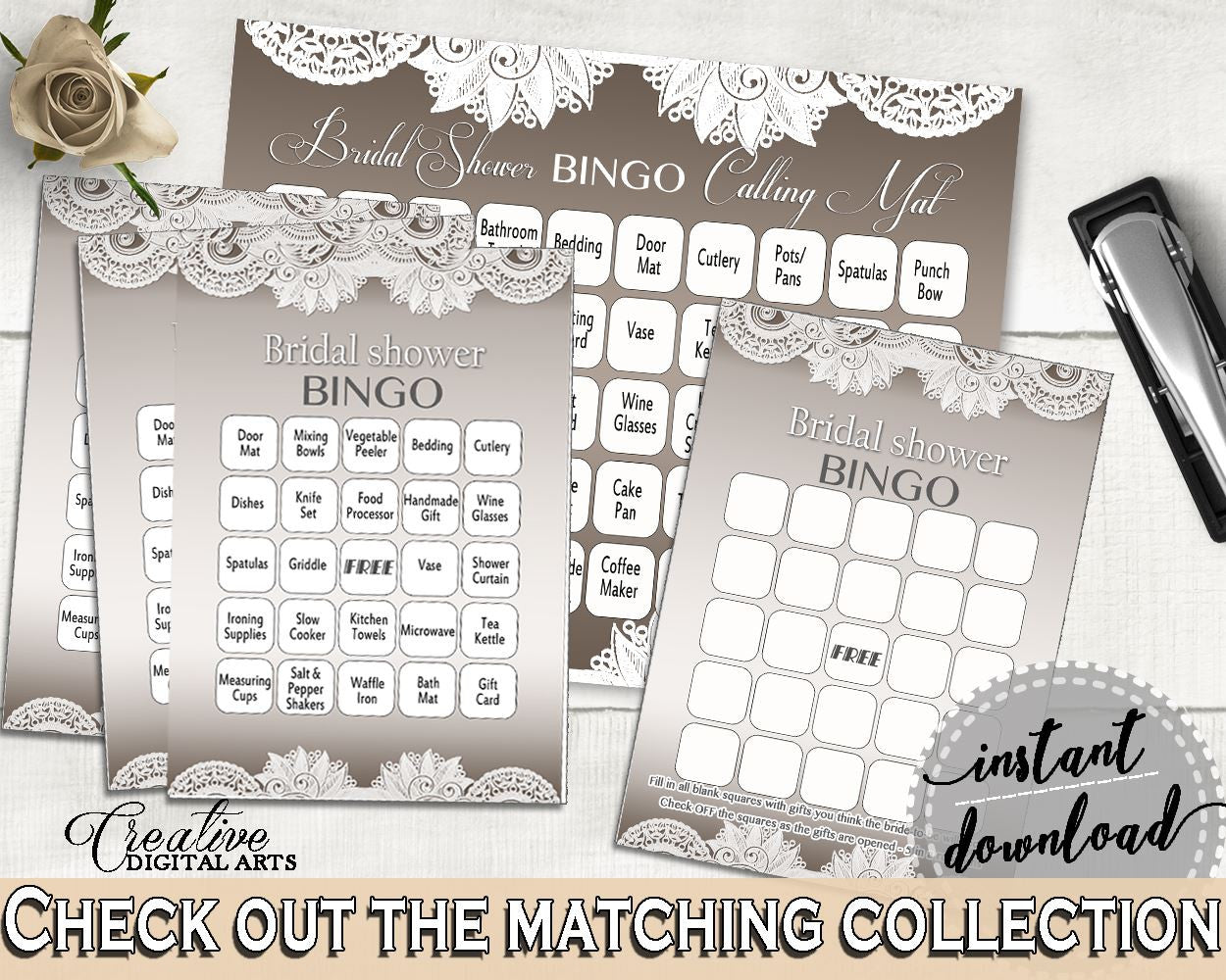 Bingo 60 Cards in Traditional Lace Bridal Shower Brown And Silver Theme, filled bingo, shower threadwork, party organization, prints - Z2DRE - Digital Product