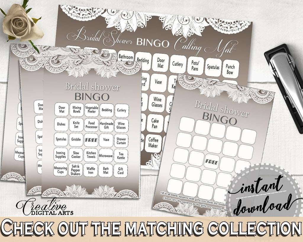 Bingo 60 Cards in Traditional Lace Bridal Shower Brown And Silver Theme, filled bingo, shower threadwork, party organization, prints - Z2DRE - Digital Product