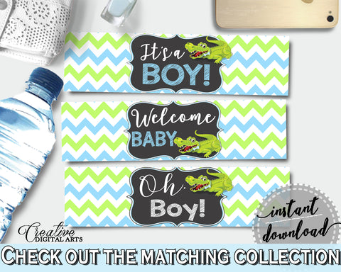 Baby shower WATER BOTTLE LABELS printable with green alligator and blue color theme, instant download - ap002