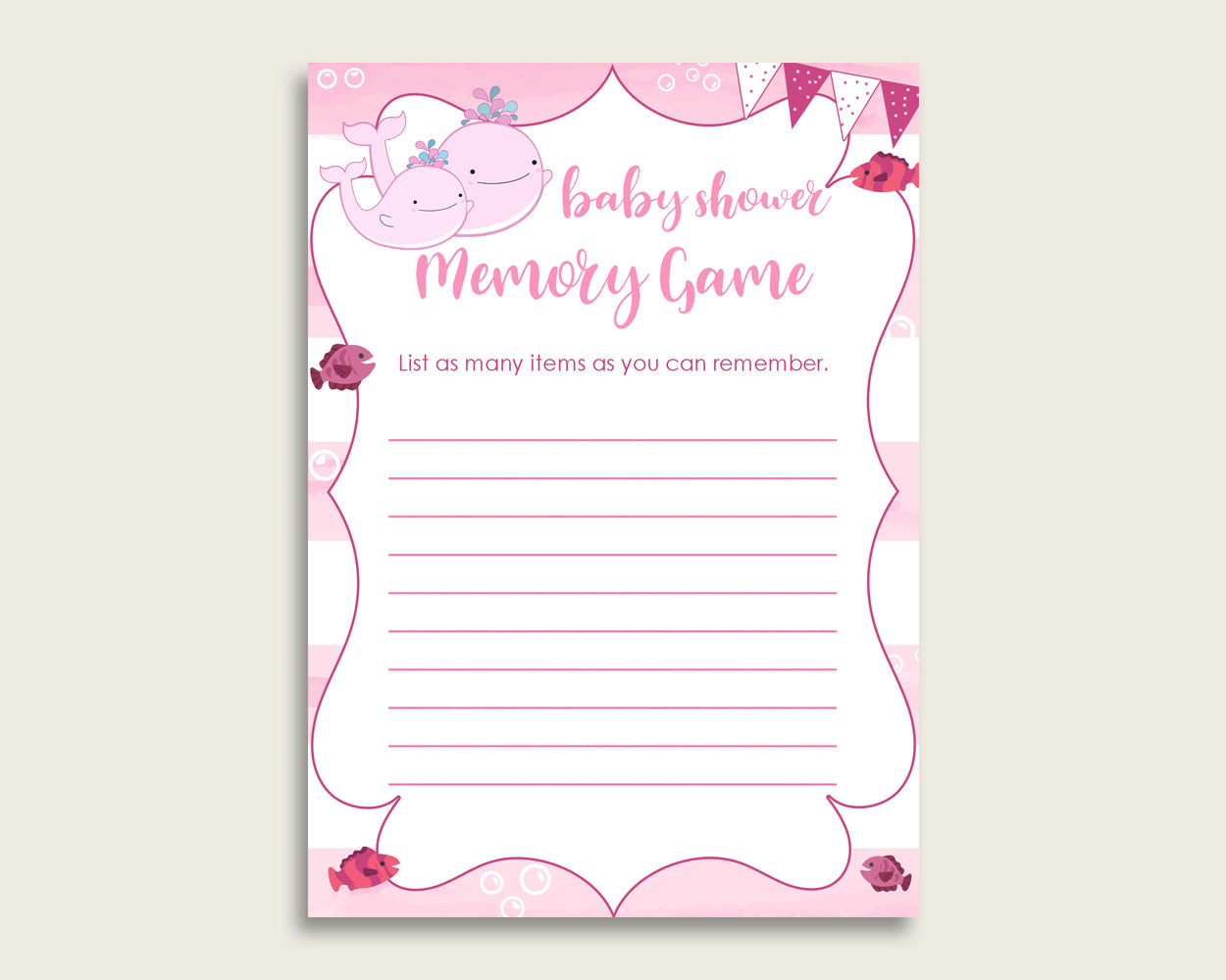 Pink Whale Baby Shower Memory Game, Pink White Memory Guessing Game Printable, Baby Shower Girl, Instant Download, Sea Animals wbl02