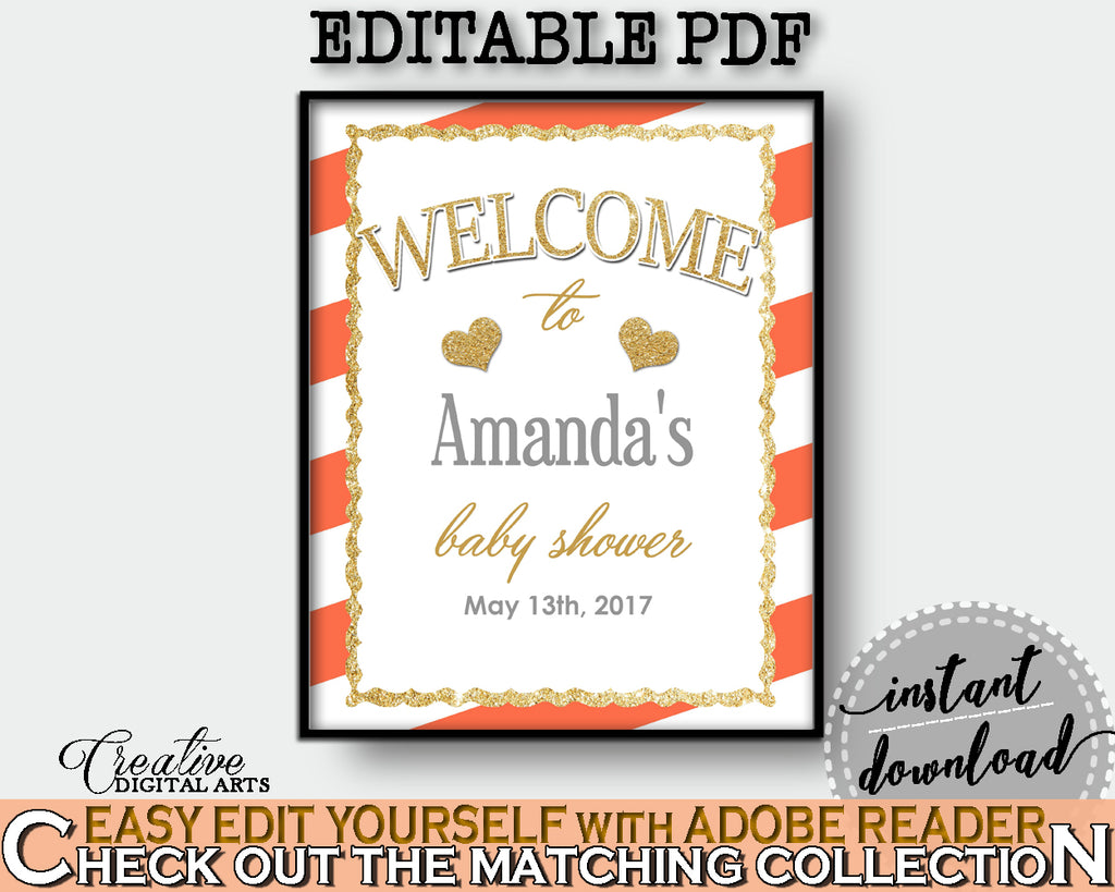 Baby Shower WELCOME sign editable with glitter gold and orange stripes theme printable, digital files, pdf jpg, instant download - bs003