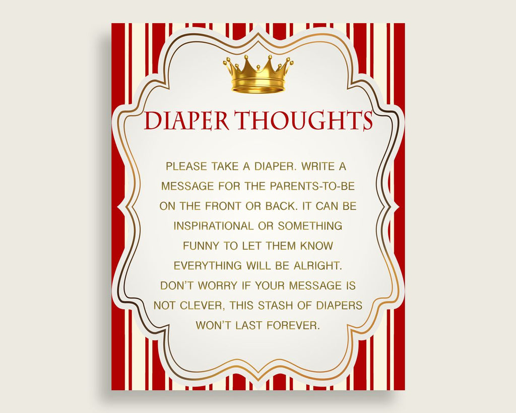 Prince Baby Shower Diaper Thoughts Printable, Boy Red Gold Late Night Diaper Sign, Words For Wee Hours, Write On Diaper Message, Sign 92EDX