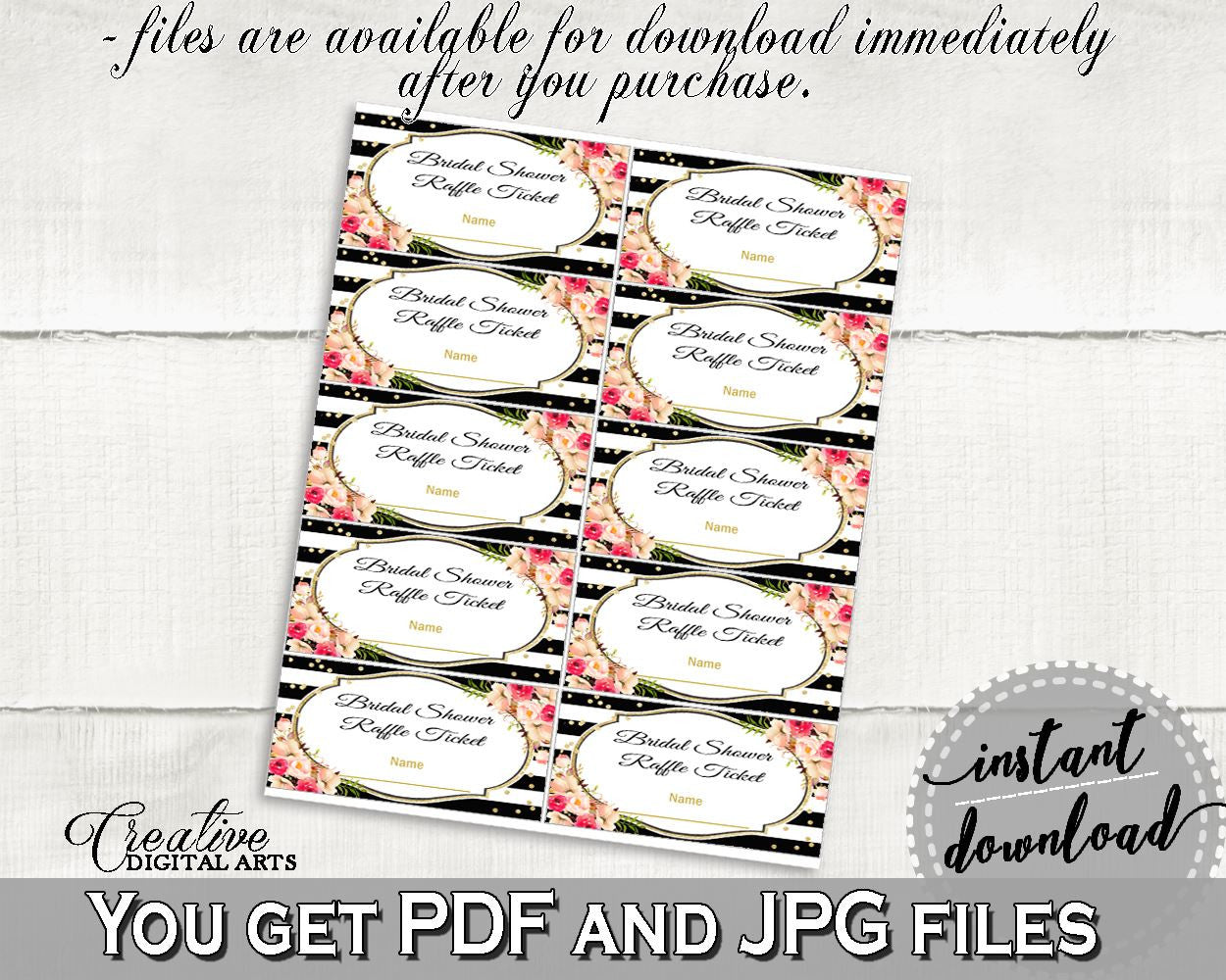 Flower Bouquet Black Stripes Bridal Shower Raffle Ticket in Black And Gold, insert ticket blank, classy bride, party décor, prints - QMK20 - Digital Product