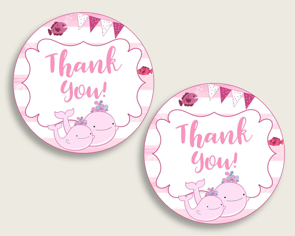 Pink Whale Baby Shower Round Thank You Tags 2 inch Printable, Pink White Favor Gift Tags, Girl Shower Hang Tags Labels, Digital File wbl02