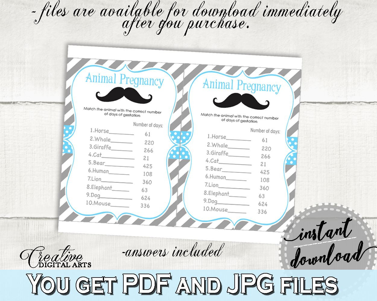 Blue And Gray Animal Gestation, Baby Shower Animal Gestation, Mustache Baby Shower Animal Gestation, Baby Shower Mustache Animal 9P2QW - Digital Product