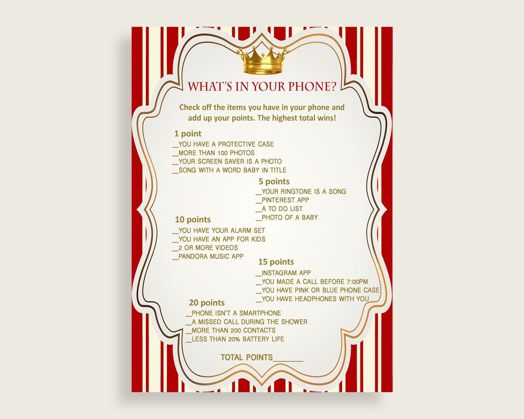 Red Gold What's In Your Phone Game, Prince Baby Shower Boy, What's In Your Cell Phone Printable, Instant Download, Cute Theme Crown 92EDX