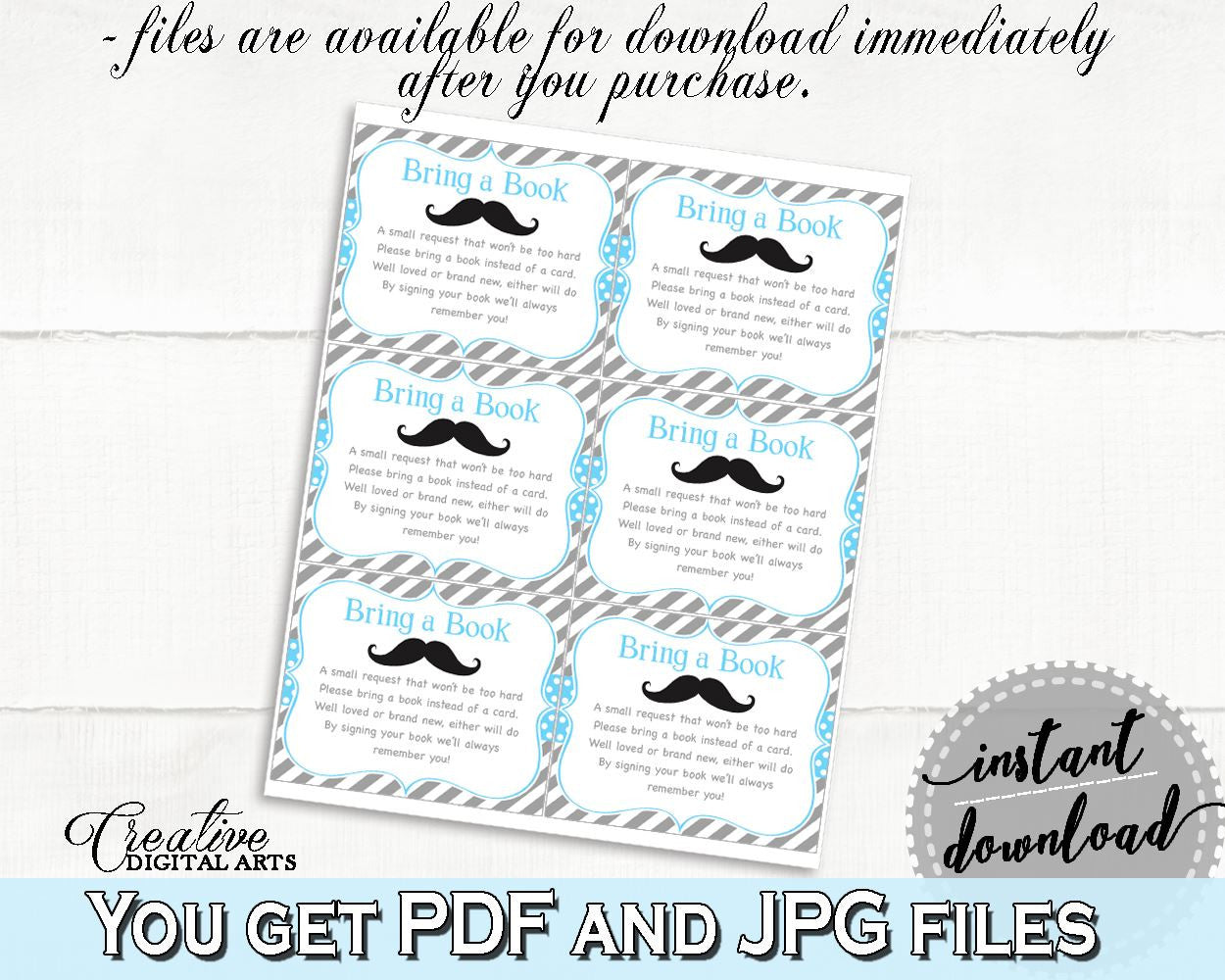 Blue Gray Bring A Book, Baby Shower Bring A Book, Mustache Baby Shower Bring A Book, Baby Shower Mustache Bring A Book party ideas - 9P2QW - Digital Product