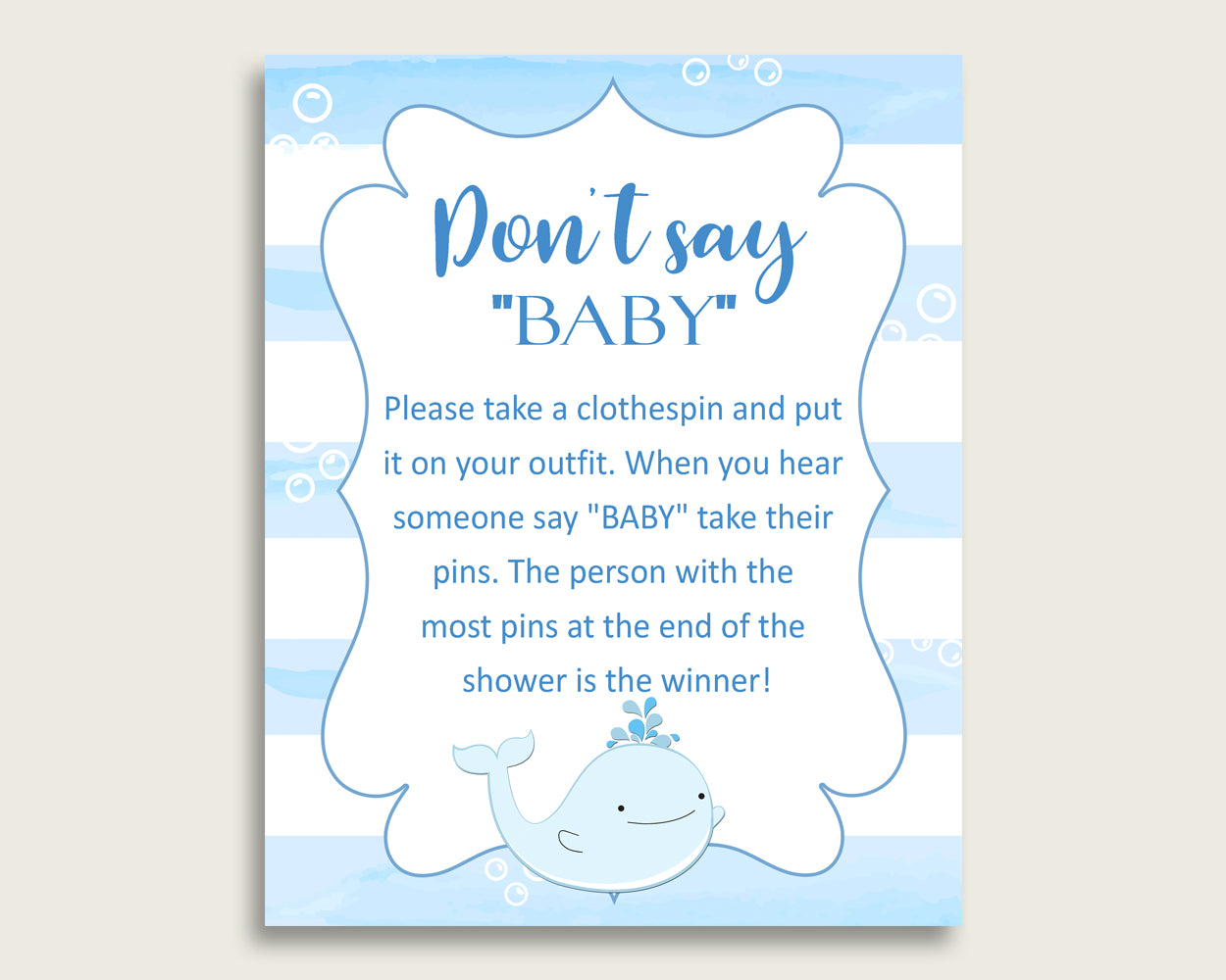 Blue White Don't Say Baby Printable Game, Boy Baby Shower Whale Game Sign, Instant Download, 8x10, Watercolor Stripes Light Blue wbl01