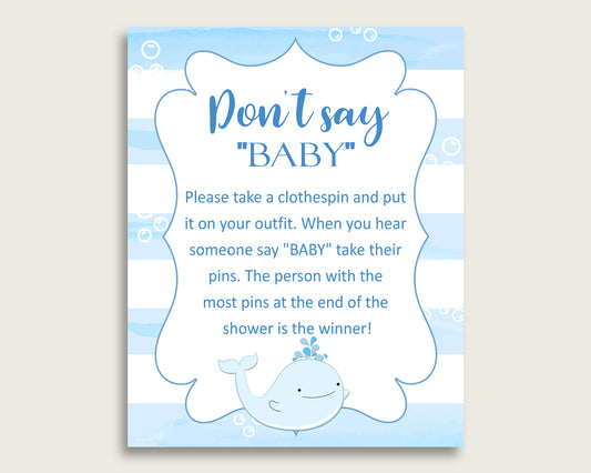 Blue White Don't Say Baby Printable Game, Boy Baby Shower Whale Game Sign, Instant Download, 8x10, Watercolor Stripes Light Blue wbl01