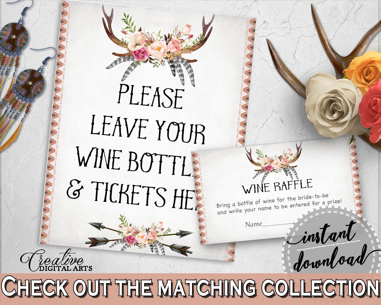 Wine Raffle in Antlers Flowers Bohemian Bridal Shower Gray and Pink Theme, wine insert, deer skull antlers, party decor, party theme - MVR4R - Digital Product