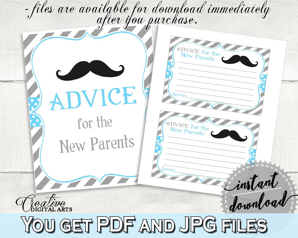 Blue Gray Advice Cards, Baby Shower Advice Cards, Mustache Baby Shower Advice Cards, Baby Shower Mustache Advice Cards party theme 9P2QW - Digital Product