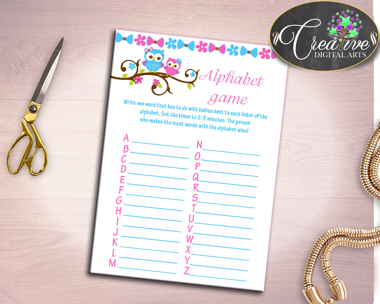 Alphabet Game Baby Shower Abc Game Owl Baby Shower Alphabet Game Baby Shower Owl Abc Game Pink Blue pdf jpg party organization owt01