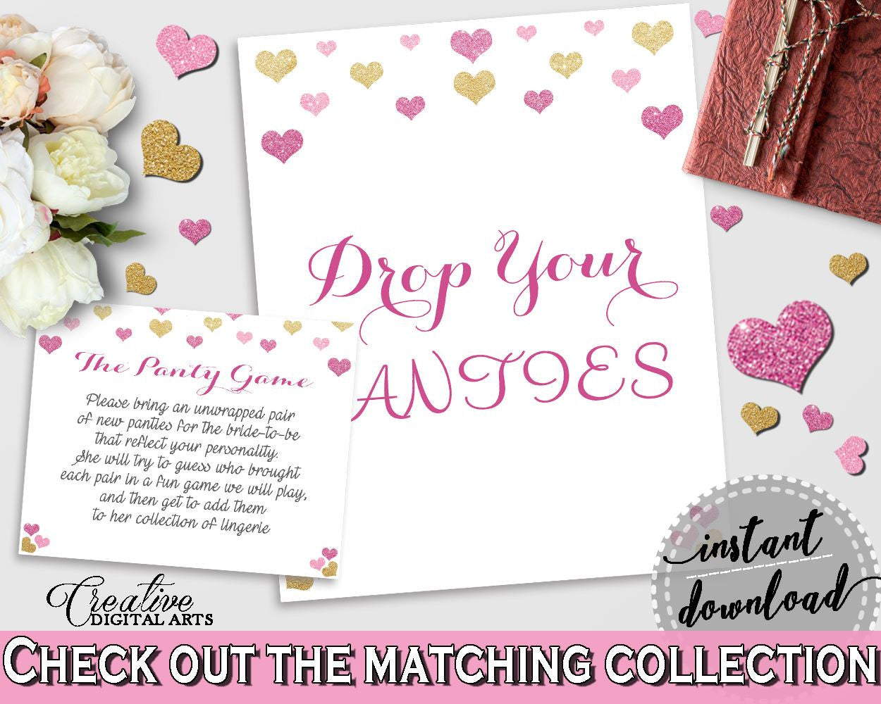 Drop Your Panties in Glitter Hearts Bridal Shower Gold And Pink Theme, hang panty game,  bridal shower love, party theme, prints - WEE0X - Digital Product