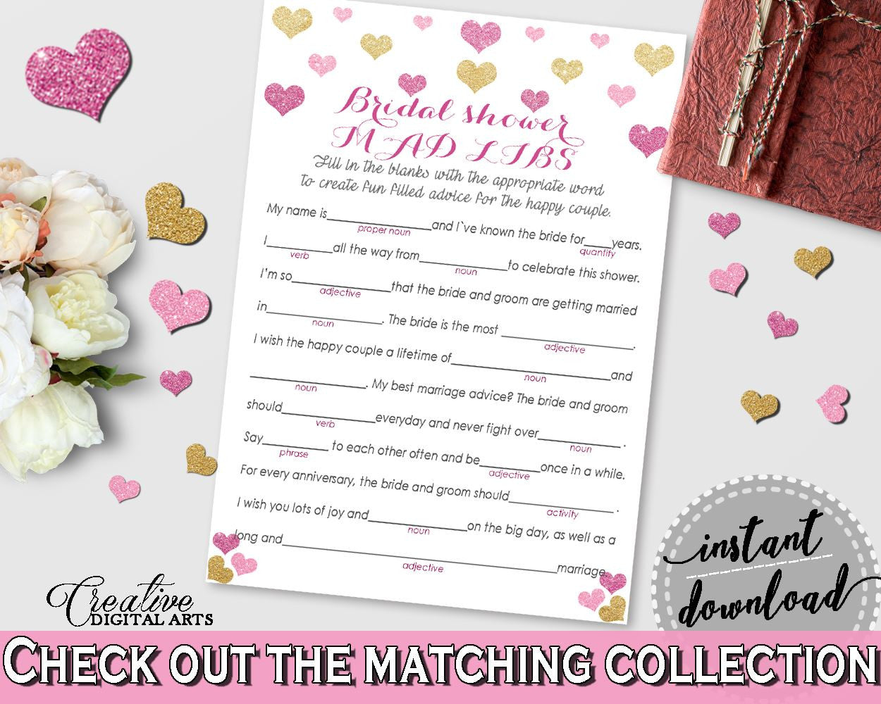 Glitter Hearts Bridal Shower Mad Libs Game in Gold And Pink, adverb,  bridal shower hearts, shower celebration, bridal shower idea - WEE0X - Digital Product