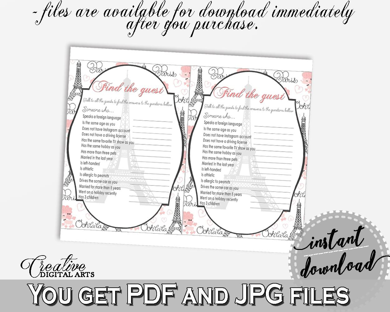 Paris Bridal Shower Find The Guest Game in Pink And Gray, guess the guest game, parisian shower, customizable files, printable files - NJAL9 - Digital Product