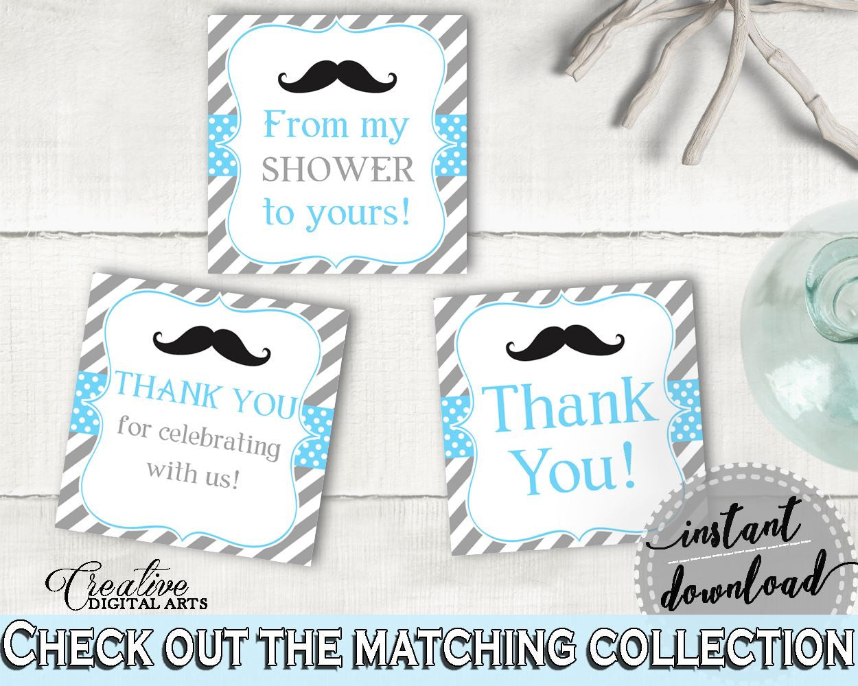 Square Tags, Baby Shower Square Tags, Mustache Baby Shower Square Tags, Baby Shower Mustache Square Tags Blue Gray pdf jpg, prints - 9P2QW - Digital Product