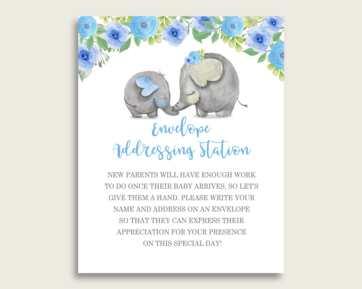 Blue Gray Baby Shower Address Sign Printable, Elephant Blue Envelope Station Sign, Envelope Addressing Baby Shower Boy, Elephant Trunk ebl01