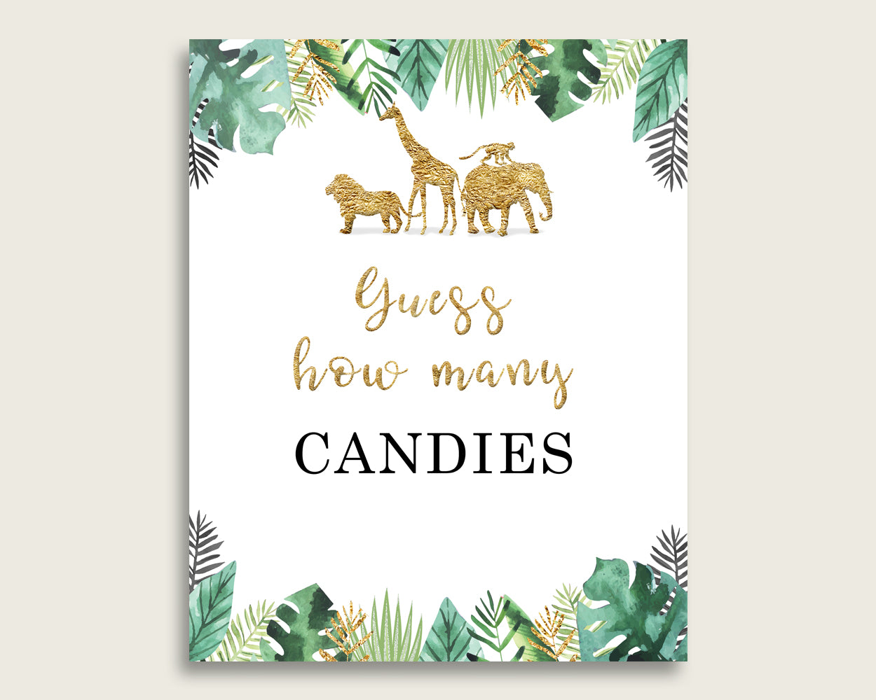 Gold Green Candy Guessing Game, Jungle Baby Shower Gender Neutral Sign And Cards, Guess How Many Candies, Candy Jar Game, Jelly Beans EJRED