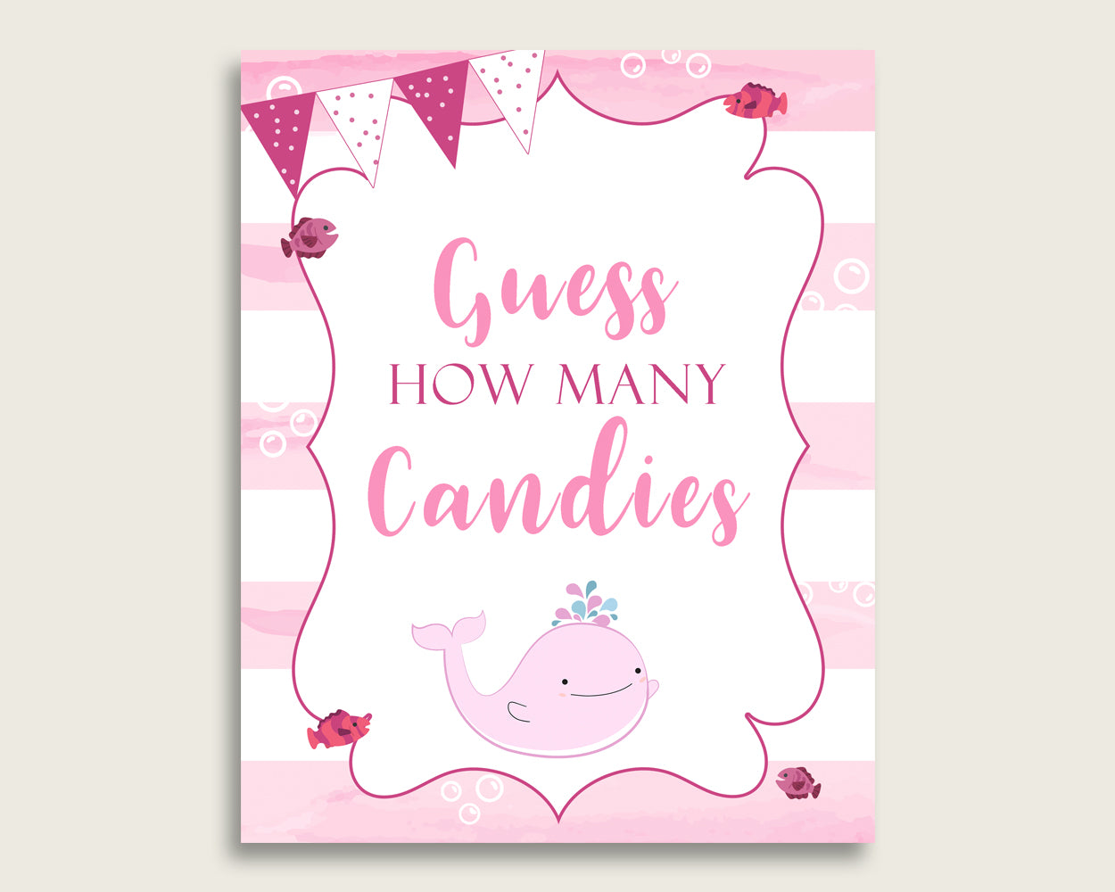 Pink White Candy Guessing Game, Pink Whale Baby Shower Girl Sign And Cards, Guess How Many Candies, Candy Jar Game, Jelly Beans wbl02