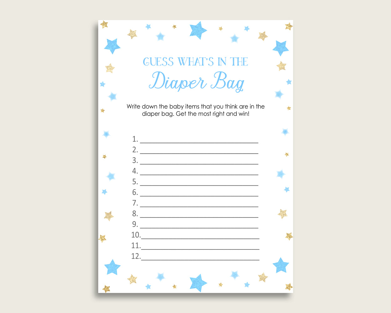 Stars Guess What's In The Diaper Bag Game, Boy Baby Shower Blue Gold Diaper Game Printable, Instant Download, Little Star, bsr01