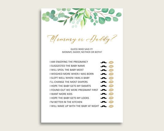 Green Gold Mommy Or Daddy Baby Shower Gender Neutral Game Printable, Greenery Guess Who Said It, He Said She Said, Instant Download, Y8X33